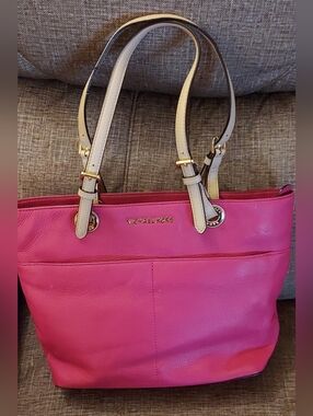 Michael Kors Bright Pink Tote with Cream Handles and Gold Accents